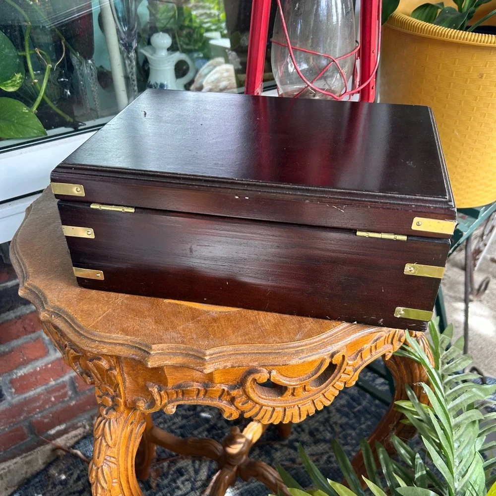 Vintage Wooden Jewelry Box with Brass Accents